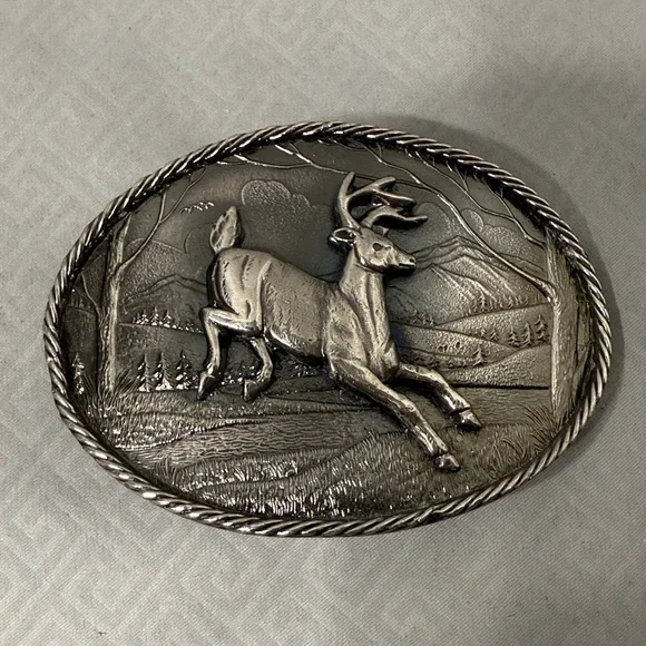 Vintage 1980 Leaping Buck Deer Mountain Backdrop Belt Buckle Made in USA #472