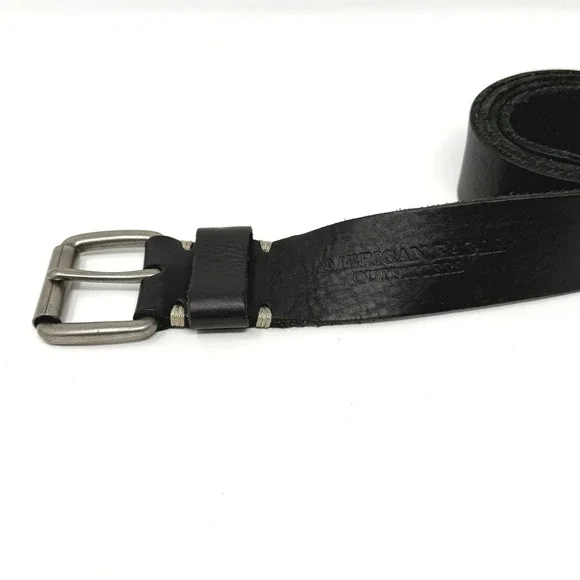 American Eagle Belt Mens 37 Black Leather Buckle VTG Rugged Eagle‎ Logo Y2K