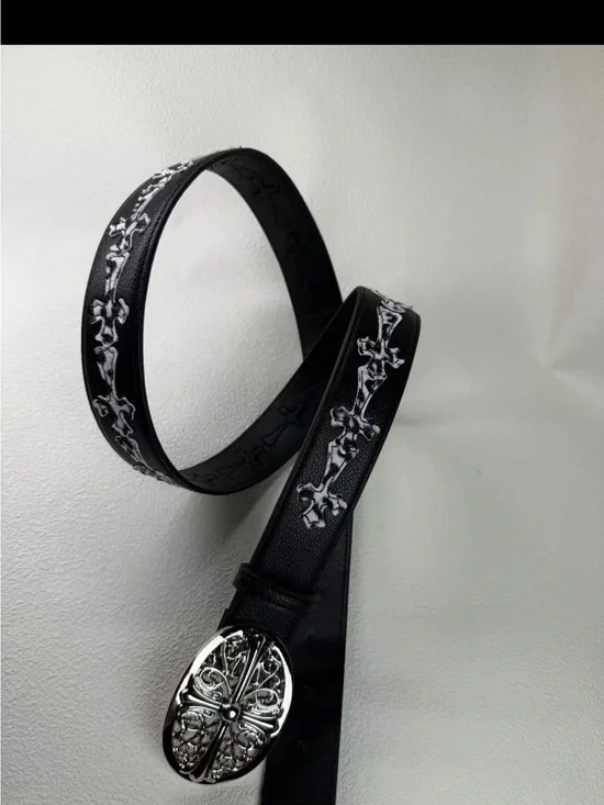 Black Men's Leather Belt with Silver Embroidered Cross Detail