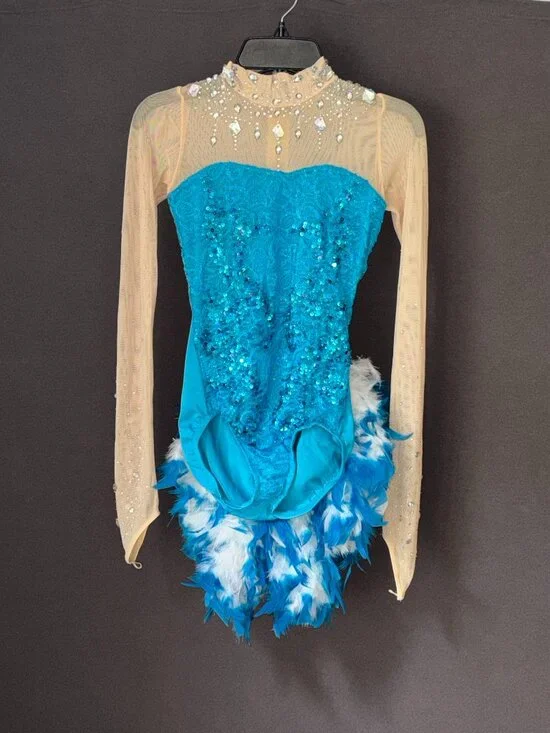 Art Stone Turquoise Sequin Lace Feather Bustle Dance Costume Leotard SA