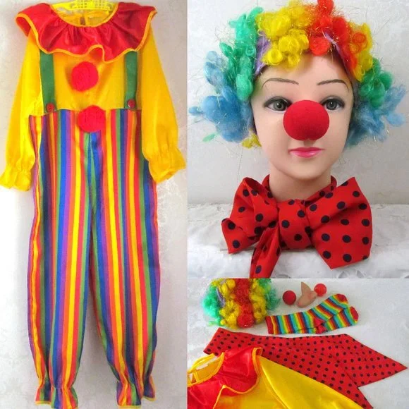CLOWN COSTUME w WIG, KIDS M-L, RAINBOW CURLY WIG + NOSES, SCARF & SOCKS, FUN!