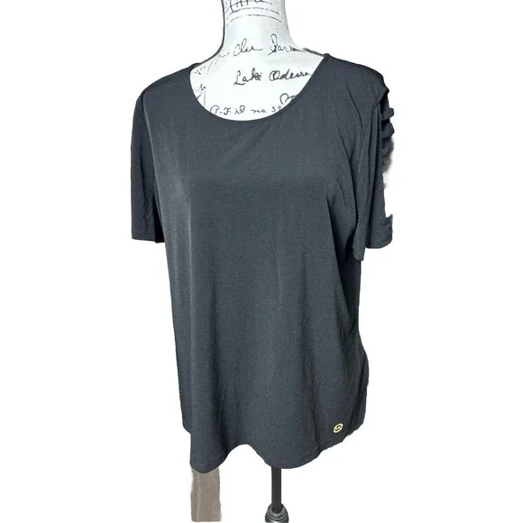 Michael Kors Short Sleeve Black Shirt Top w Webbed Strap Sleeves Women Sz XL