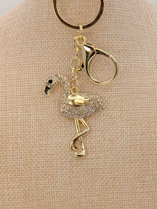 White Rhinestone Metal Flamingo Keychain Bag Charm