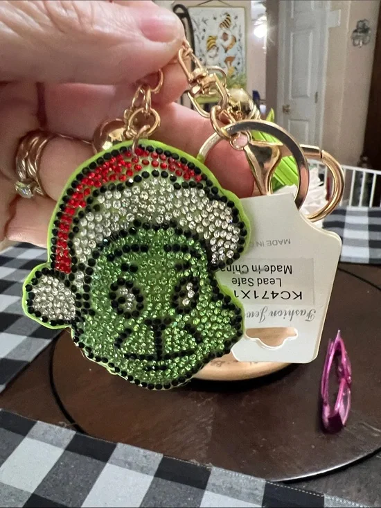 New Green Rhinestone Grinch Keychain Bag Charm - Festive Accessory