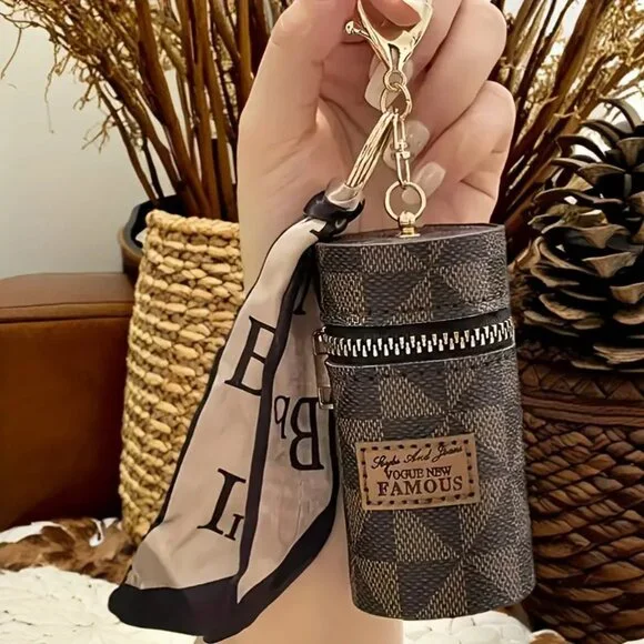 Mini Bag Charm Keychain Checkered Lipstick Earbuds Holder Scarf Zipper Pouch