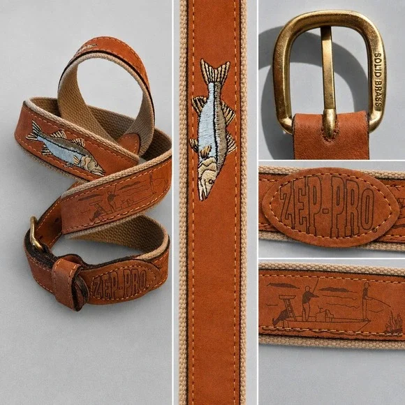 ZEP-PRO Mens Fishing Belt Tan Leather Canvas Snook Embroidered Solid Brass 42 44