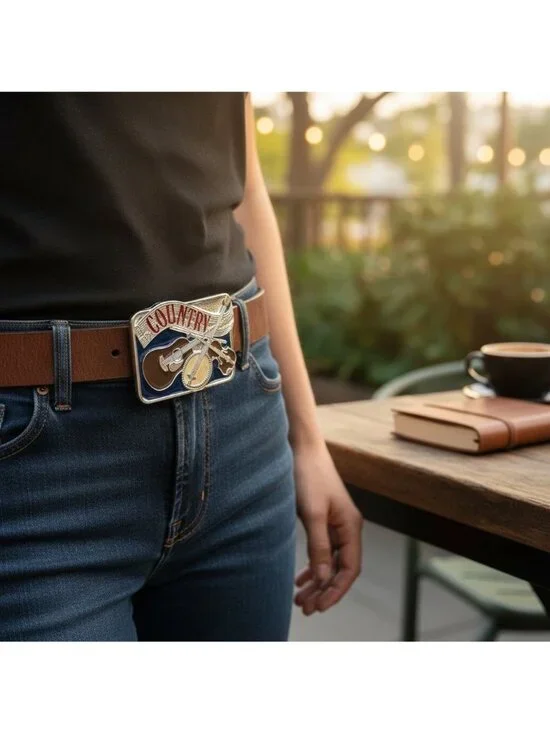 Country Music Belt Buckle With Guitar Banjo & Fiddle Design