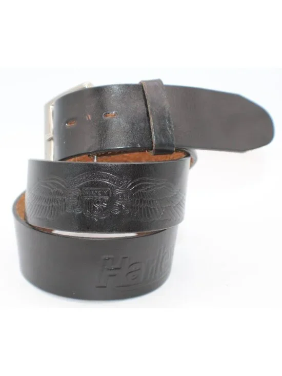 Harley-Davidson Black Leather Belt Size 36/38 Embossed Logo & Wings Design Made