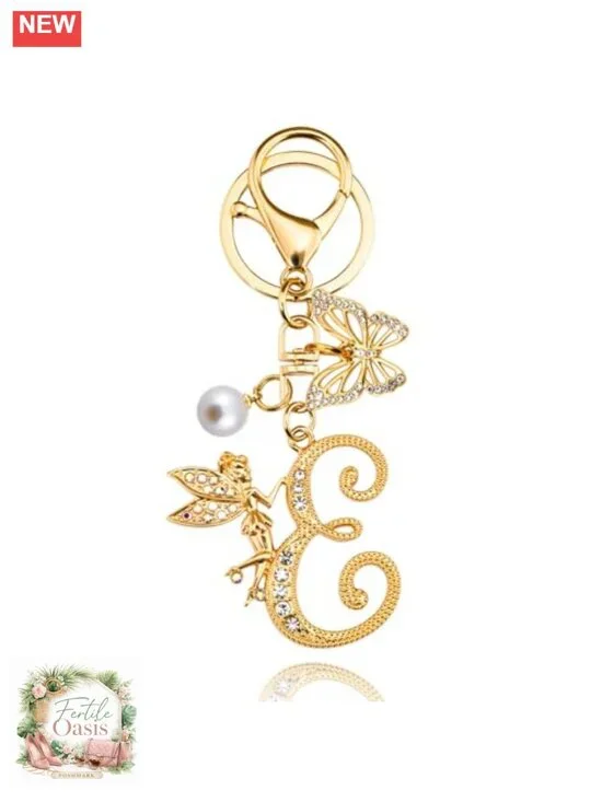 Initial Keychain Bag Charm Women Purse Charm Gold Stainless Steel Butterfly