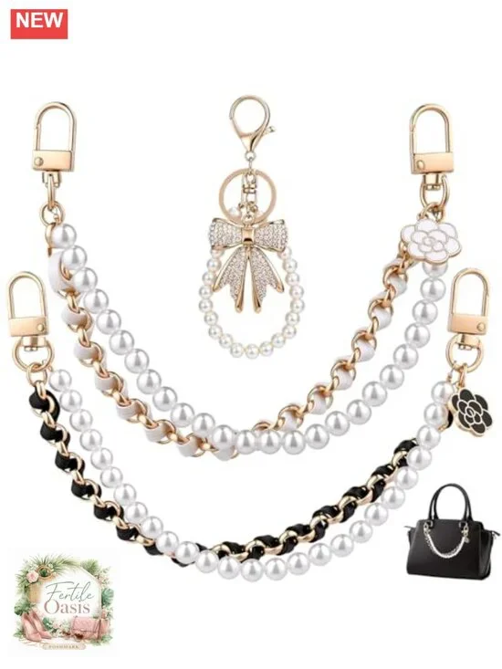 4-Piece Purse Charm Set with Pearl Chains, Rhinestone Bow Keychain & Gold-Tone