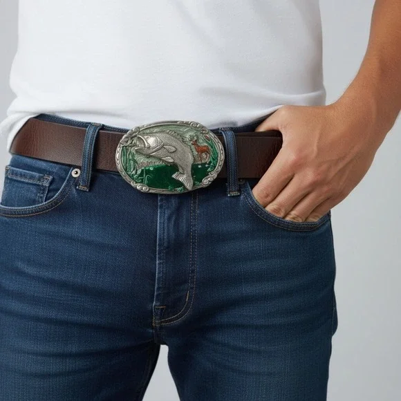 Vintage 1986 CJ Inc Largemouth Bass Deer Belt Buckle CJ 1038 Made in USA‎ Enamel