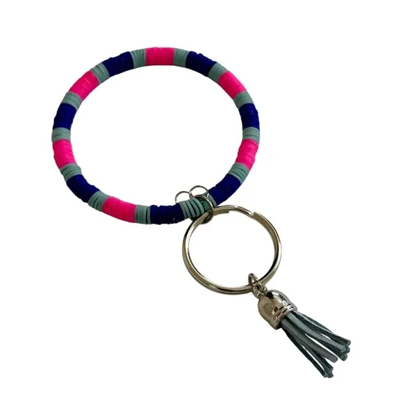 Handcrafted Heishi Bead Bangle‎ Keychain Pink Blue Tassel Wristlet Key Ring
