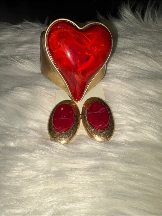Gold-Tone Red Heart Bracelet with Matching Red Earrings