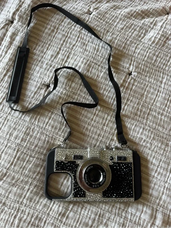 Decorative Emily in Paris Black & Silver Camera-Style Phone Case with Strap