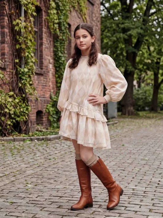 Omami Mini Girls Hi-Low Organza Terry Dress Beige Argyle‎ Puff Sleeve Ruffle 10