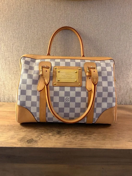 Louis Vuitton Damier Azur Canvas Satchel with Tan Leather Trim