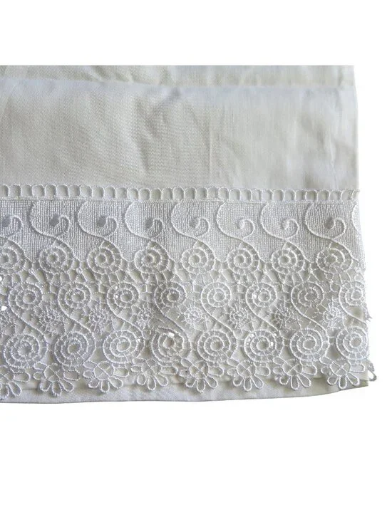 One Vintage Cotton White Pillowcase Embroidered Lace Trim Standard Size