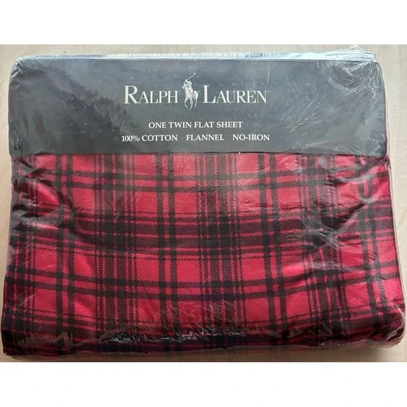 Vintage Ralph Lauren Flat Sheet Twin NIP NOS Jackson Red Plaid Flannel Cotton