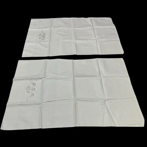 White Pillow Case Set White Floral Embroidered Silver Accent King Bridal Wedding