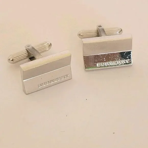 Burberry‎ Cufflinks Set Silver Tone Logo Rectangle Geometric Designer Minimalist