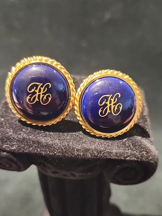 Vintage Okura Navy Blue Porcelain Cufflinks – Gold 