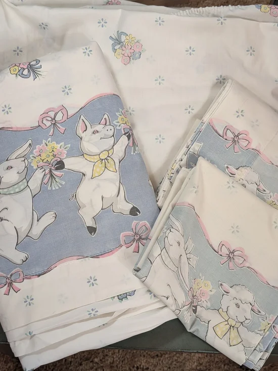 Vintage Sheet Set Queen Fieldcrest Howard Kaplans French Barn Pig Goose Rabbit