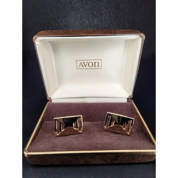 Avon Cufflinks Gold Tone Rectangular Geometric Black Inlay Boxed Excellent