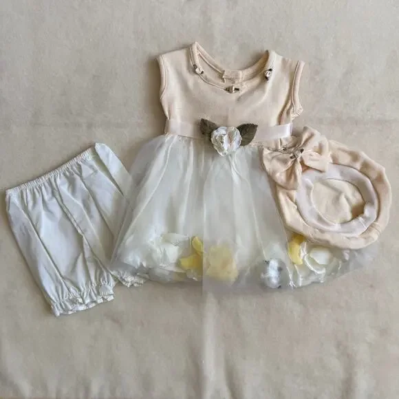 Vintage 90's 3-Piece Bloomers Set Girls 6M Flowers White Cream Orange Bows Hat
