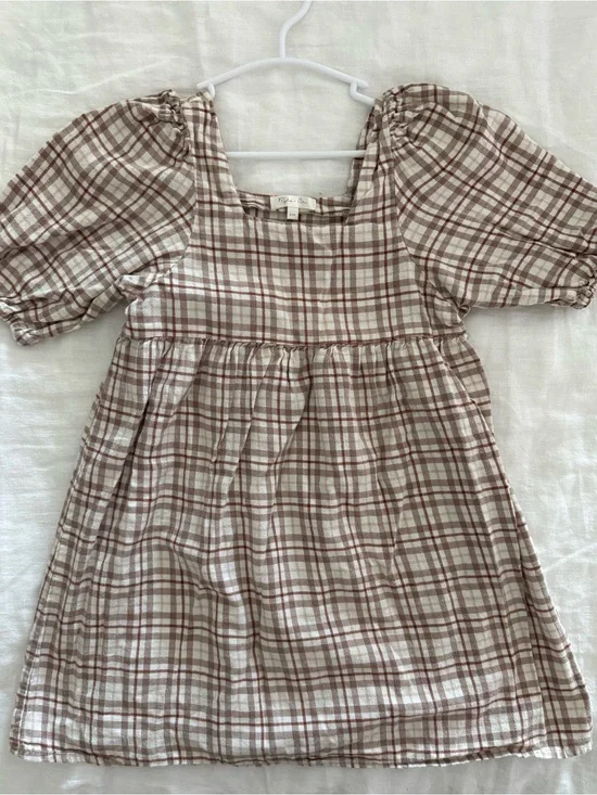 Rylee + Cru Children's Plaid Puff-Sleeve Dress - Brown Cream