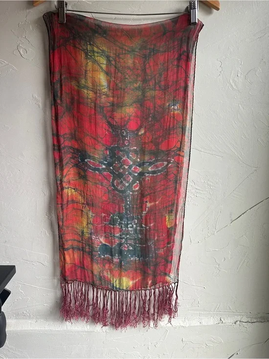 Abstract Tribal Fringe Scarf Red Black Sheer Boho Artsy Wrap Festival Goth 56x14