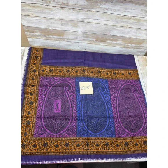 Yves Saint Laurent Foulards Scarf Purple Paisley Wool Silk Blend‎ 55x55 Italy