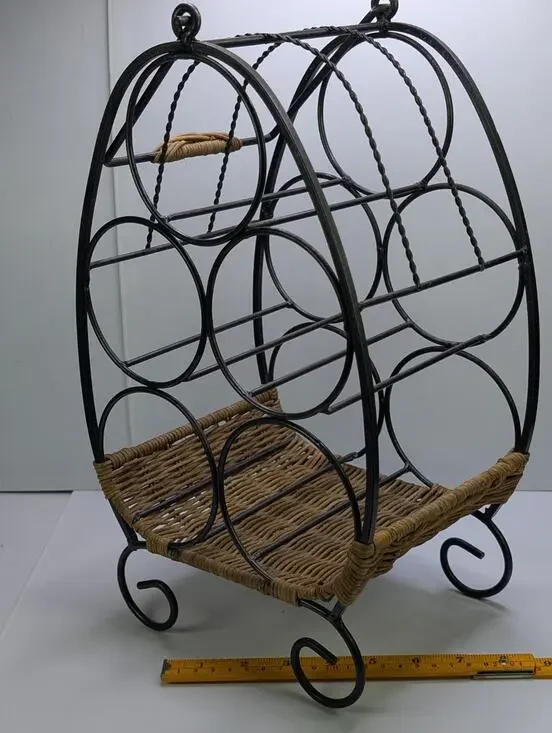 6 Bottle Wine Rack Black Metal Wicker Rattan Countertop Decorative Holder