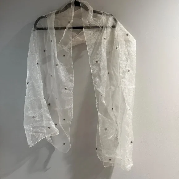 Unbranded Scarf Womens OS White Good Sheer Organza Beaded‎ Shimmer Wrap Floral