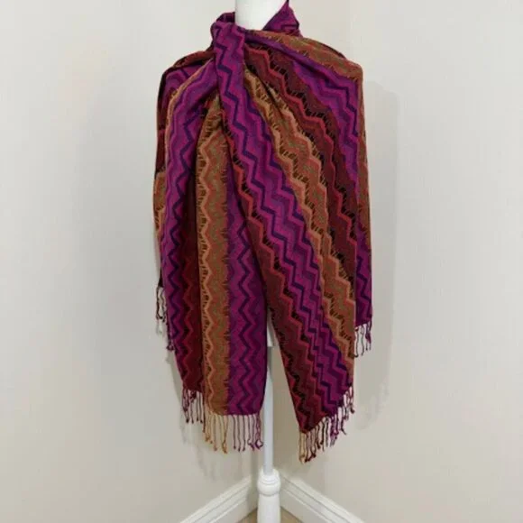 Woven Cashmere Silk Scarf Wrap Zigzag Chevron Pattern Boho Made in Nepal