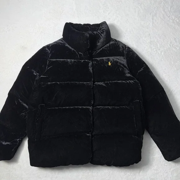 Polo Ralph Lauren Girls L Black Velvet Puffer Duck Down Jacket Fits Womens Small