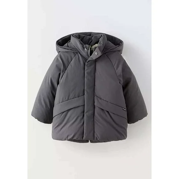 Zara Kids Gray Hooded Puffer Coat Sherpa Lined‎ Size 3-4 Years Unisex