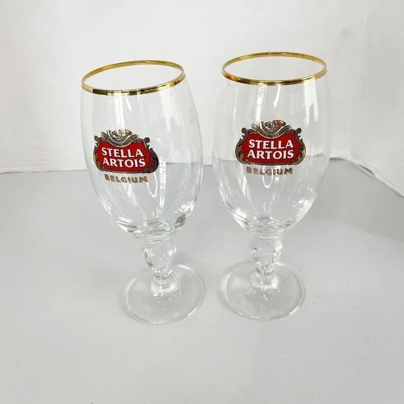 Stella Artois Belgium Beer Glasses Chalice 33CL Set of 2 Gold‎ Rim