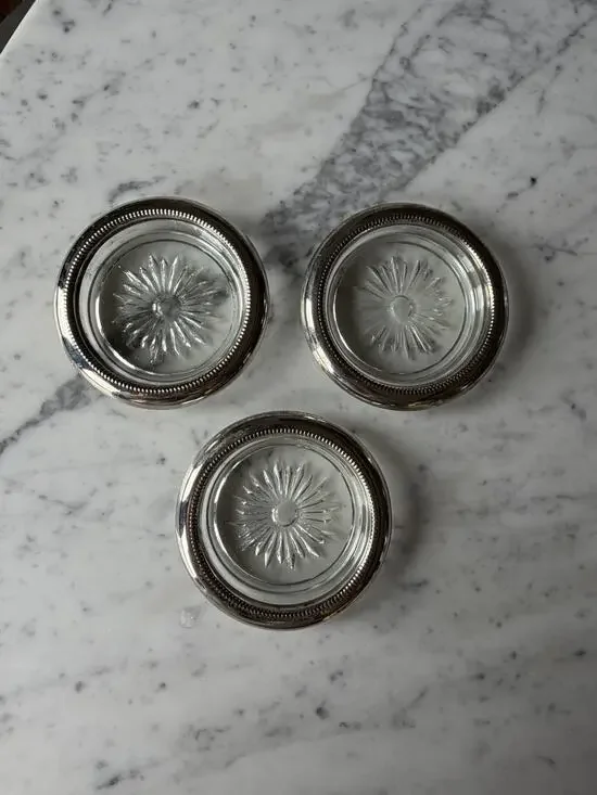 Set of 3 Leonard Silver-Plated Glass Coasters Vintage Starburst Design Hong Kong