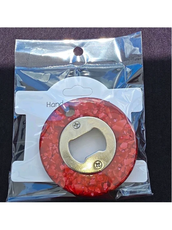 Handcrafted Round Red Mosaic Bottle Opener Pendant/Charm, Breweriana Theme