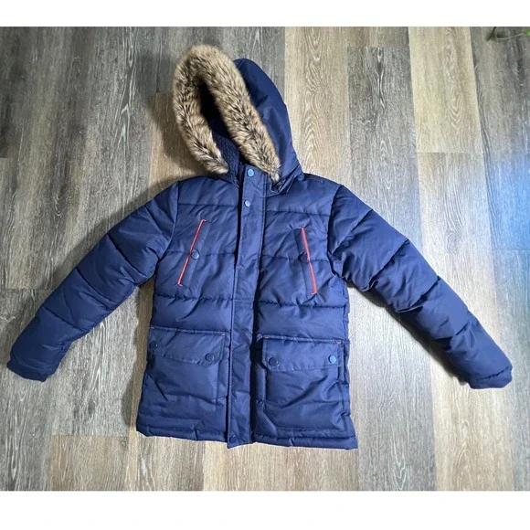 Ultimate Parka Jacket Boys Size 10/12 Navy Blue Faux Fur Hood Puffer Coat