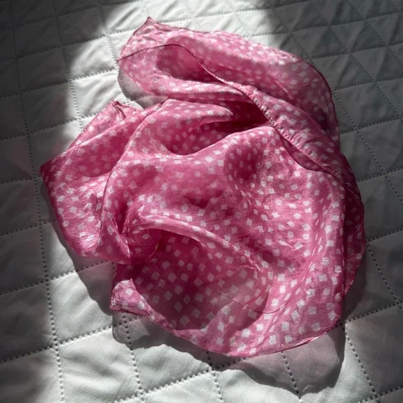 Pink Silk Scarf Square 18” White geometric Print Lightweight Neck Hair Wrap