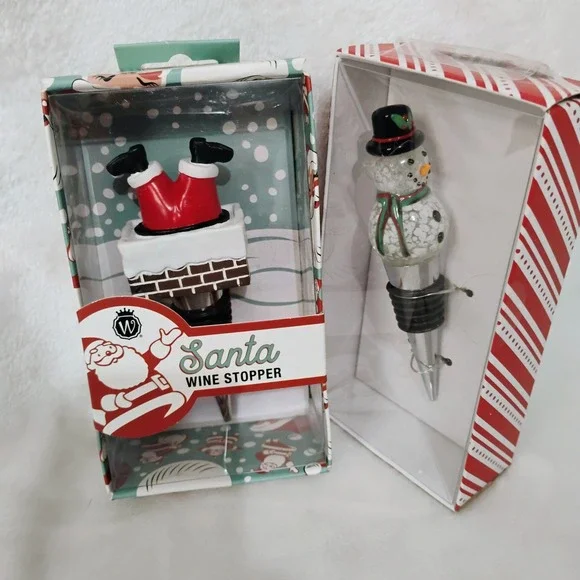 Lot of 2 Holiday Wine Bottle Stopper Santa Chimney and Snowman Christmas Decor K