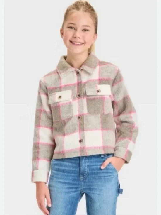 Cat & Jack girls' plaid cropped shacket size medium 8