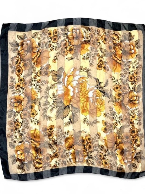 Vintage Black Gold Floral Stripe Square Sheer Fashion Scarf