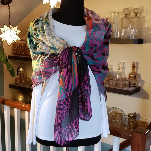 Large Leopard Sillouett Sheer Colorful Shawl Scarf