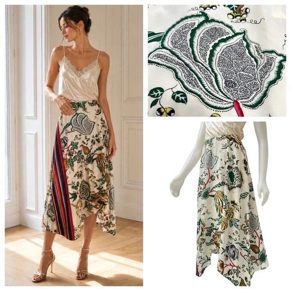 Tory Burch Marie Silk Skirt Floral Asymmetrical Handkerchief Midi Size 12 New