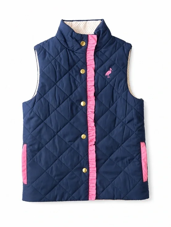 NWT The Beaufort Bonnet Company TBBC Quilted Ruffle Vest Navy Pink 6