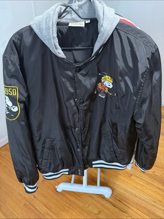 Aeropostale Black Hooded Bomber Jacket with Peanuts Snoopy Patch