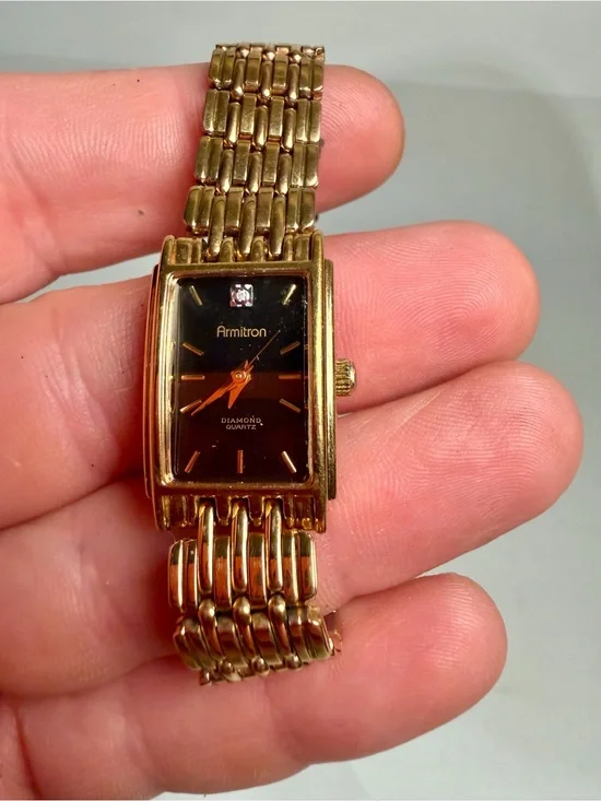 Armitron Diamond Watch Women 16mm Black Dial Gold Tone 25/3989 7