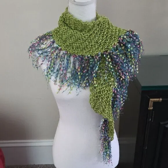 Elegant Green and Multicolor Fringe Scarf